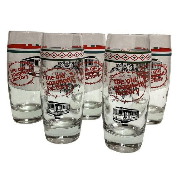 THE OLD SPAGHETTI FACTORY Other - THE OLD SPAGHETTI FACTORY GLASSES TUMBLERS SET OF 5 TROLLEY CAR 6.5" TALL